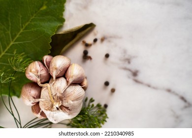 Garlic On Marble Table, Conservation Concept, Cooking Ingredients, Flat View, Space For Text