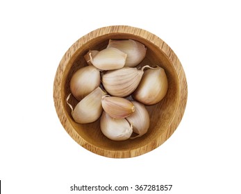 Garlic On Wooden Bowl Top View Of White Background