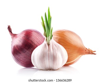 Garlic And Onion Isolated On White Background