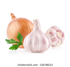 Garlic And Onion Isolated On White Background