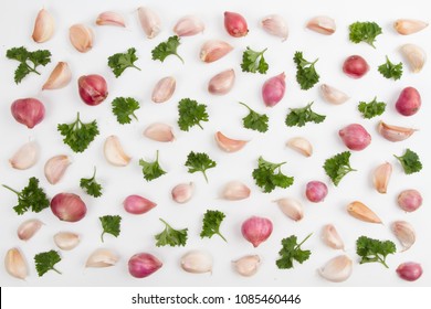 Garlic and onion spice ingredient flat lay on top view, isolated object on white background