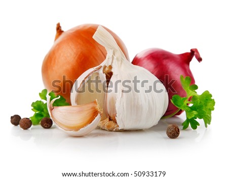 garlic and onion vegetables with parsley spice isolated on white background