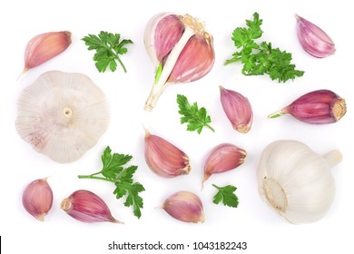 Garlic With Parsley Leaves Isolated On White Background. Top View. Flat Lay Pattern