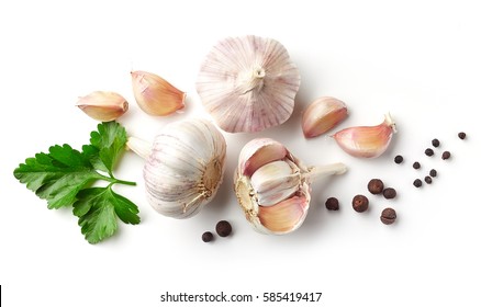garlic, parsley and pepper isolated on white background, top view