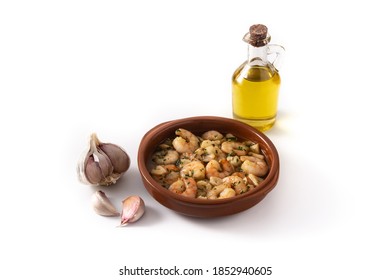 Garlic Prawns In Crock Pot Isolated On White Background. 	