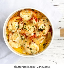 Garlic Prawns Or Shrimps With Chives And Lemon.  Overhead View.