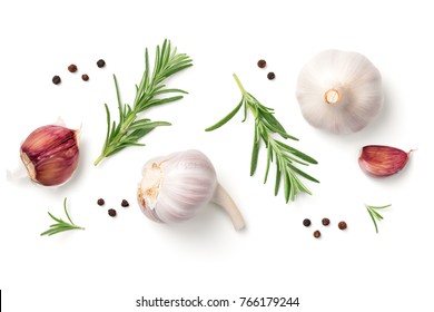 Garlic, rosemary and pepper isolated on white background. Top view 