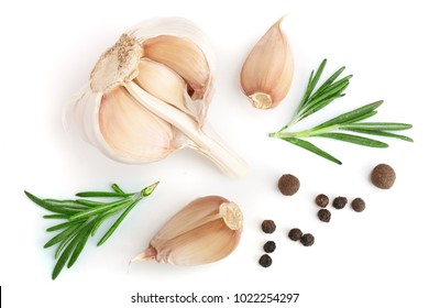 garlic with rosemary and peppercorn isolated on white background. Top view. Flat lay pattern