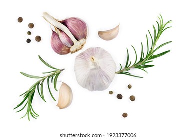 garlic with rosemary and peppercorn isolated on white background. Top view. Flat lay. High quality photo - Shutterstock ID 1923377006
