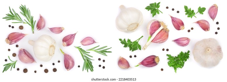 garlic with rosemary and peppercorn isolated on white background with copy space for your text. Top view. Flat lay - Shutterstock ID 2218403513