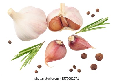 garlic with rosemary, peppercorns and allspice isolated on white background. top view - Shutterstock ID 1577082871