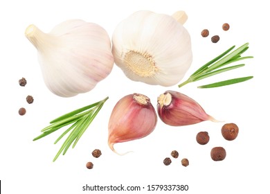 garlic with rosemary, peppercorns and allspice isolated on white background. top view - Shutterstock ID 1579337380