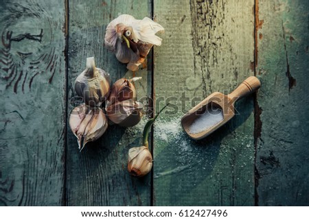 Similar – Image, Stock Photo Bunch of garlic with kitchenware on wooden background