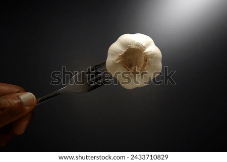 Garlic stabbed with fork holding hand on dark background close-up view selective focused, Garlic with fork close up shot concept photography 