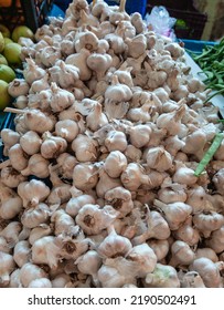 Garlics Group. Selective Focus Of Garlics At A Farmer's Market.  Close Up.