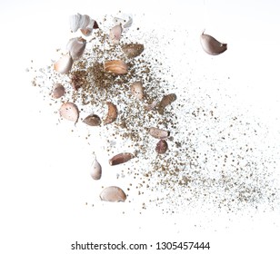 Garlic,various Spices, Pepper And Salt Splash Or Explosion Flying In The Air Isolated On White,Stop Motion