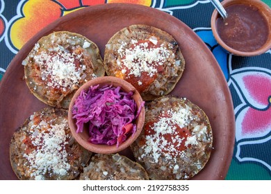 Garnachas On The Table At An Oaxacan Restaurant In Oaxaca, Mexico - Overhead