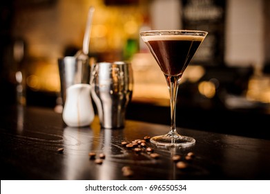 Garnish Martini Espresso Cocktail Drink Foam Coffee Bean On Top Bar Counter