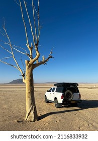 GARUB, NAMIBIA - NOVEMBER, 10, 2021: SUV 4x4 Car Parked Near Dried Dead Tree. Abandoned Kolmanskop In Namibia. Ancient City Covered With Sand In Desert Of Africa. Ghost Town. Old Ruin In Dunes.
