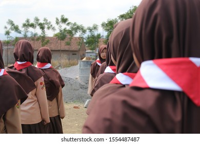 Garut, Indonesia - November 08 2019: Girls Scout In Aminul Ummah Islamic Boarding School