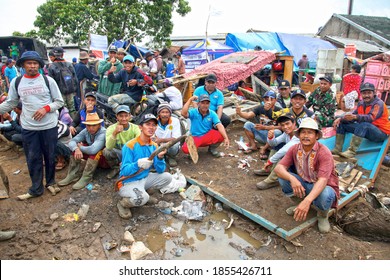 Garut, West Java, Indonesia - September 28, 2016. Scene In The Town Of Garut A Few Days After A Devastating Flash Flood Wiped Out Hundreds Of Houses. These Are Rescue Workers.