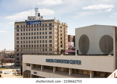 Gary, Indiana, USA - March 28, 2022: Afternoon Sun Shines On Historic Buildings And The Genesis Convention Center In Downtown Gary.