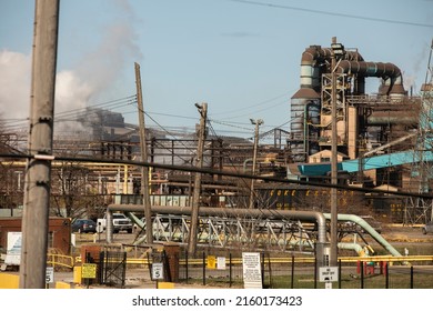 Gary, Indiana, USA - March 28, 2022: Afternoon Light Shines On The Steel Mill Of U.S. United States Steel Corporation Gary Works.