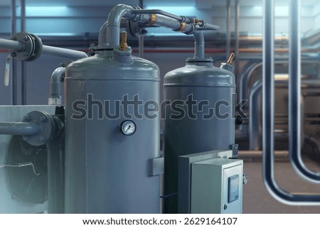 Gas boiler equipment. Reservoirs that heat water for heating system. Pressure sensors on boiler equipment. Basement with heating system pipes. Interior of gas boiler room. 3d rendering