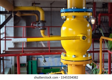 Gas Boiler Room Equipment. Gas Pipeline With Ball Valve For Gas Supply.