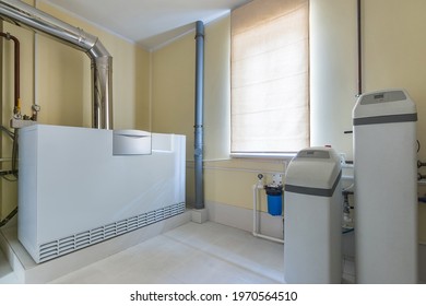 Gas Boiler Room In A Private House. Water Filtration And Softener System