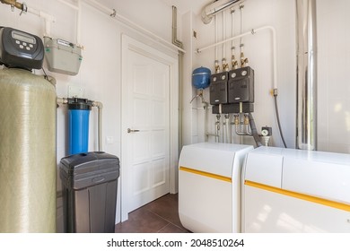Gas Boiler room in a private house.  Water filtration and softener system