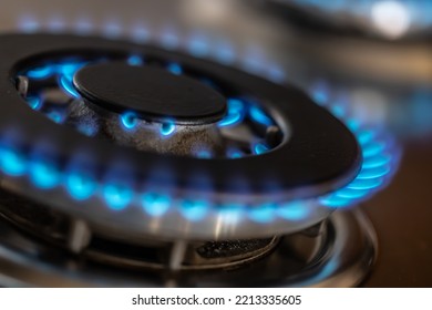 The Gas Burner Burns With The Blue Flame Of A Propane Butane Stove In A Home Kitchen Or Hotel Restaurant.