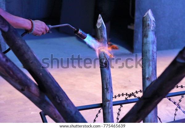 Gas Burner Lighting Piece Wood Fire Stock Photo Edit Now 775465639