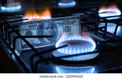 Gas Burners And US Dollar Bill, USA Money On Home Gas Stove, Blue Propane Flame And Currency. Concept Of World Economy, Energy Crisis, Oil, Russian Natural Gas Cost, Embargo And Sanctions To Russia. 