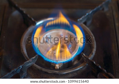 the gas burns in the gas burner of the cooker. The flame is yellow and blue. the burner is shot close-up.

