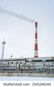 Gas Combined Heat And Power Plant With Pipes, Smoke, Steam, Power Stations On A Frosty Winter Day. The Use Of Natural Gas In The Heat And Power Industry. Crisis Of Lack Of Natural Gas.