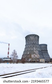 Gas Combined Heat And Power Plant With Huge Pipes, Smoke, Steam, Power Stations On A Frosty Winter Day. The Use Of Natural Gas In The Heat And Power Industry. Crisis Of Lack Of Natural Gas.