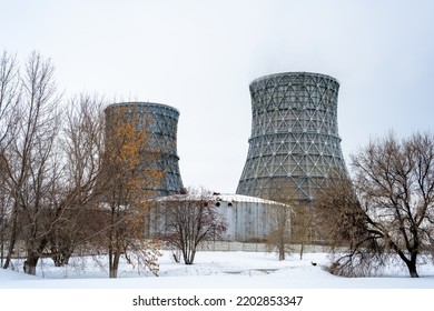 Gas Combined Heat And Power Plant With Huge Pipes, Smoke, Steam, Power Stations On A Frosty Winter Day. The Use Of Natural Gas In The Heat And Power Industry. Crisis Of Lack Of Natural Gas.