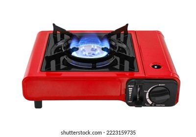 Gas cooker with burning fire propane gas, isolated on white background