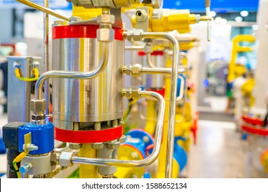 Gas Equipment. Boiler Room At The Enterprise. Autonomous Boiler Station. Compressor Station. Gasification. Fragment Of The Pipeline. Engineering Communication. Chrome Parts On Yellow Pipes