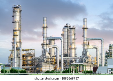 Gas fired power plant and factory building at night. Also called gas fired power station or natural gas power plant. That technology to burn natural gas and generate electricity or electrical energy.