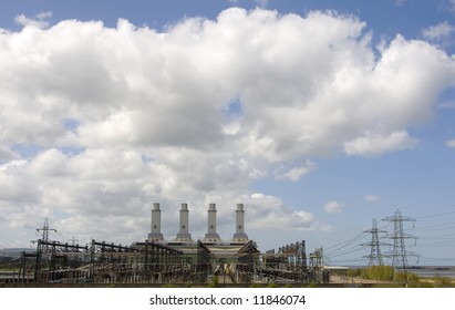Gas Fired Power Station With Transformers And Chimneys With Lots Of Copy Space