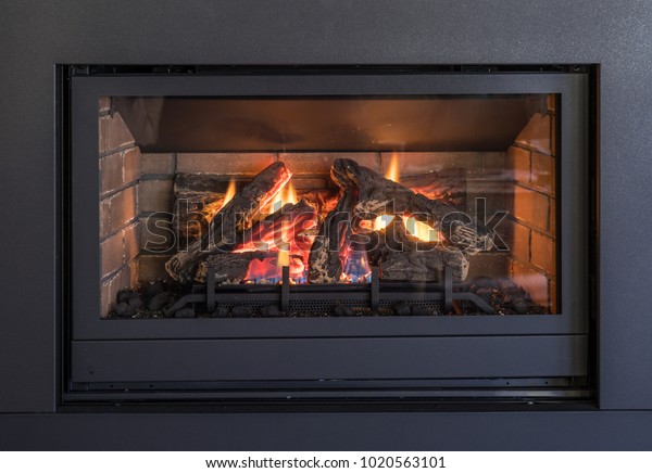 Gas Fireplace Logs Flames Black Metal Stock Image Download Now