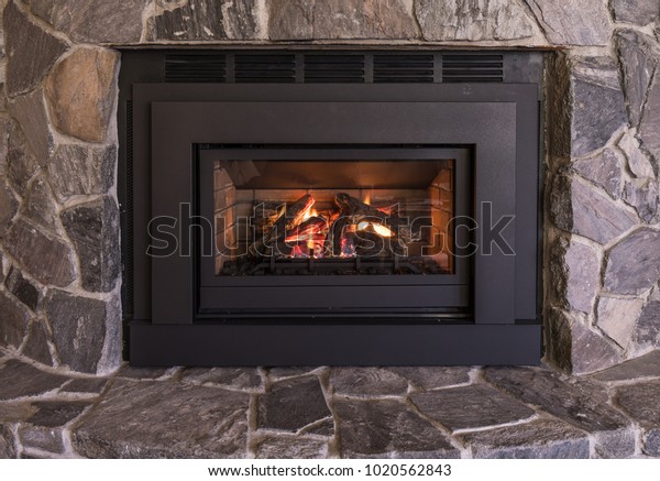 Gas Fireplace Logs Flames Rock Surround Stock Image Download Now