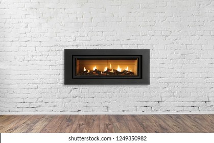 Gas Fireplace on white brick wall in bright empty living room interior of house.