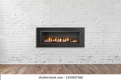 Gas Fireplace On White Brick Wall In Bright Empty Living Room Interior Of House.