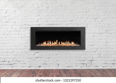 Gas Fireplace On White Brick Wall In Bright Empty Living Room Interior Of House.