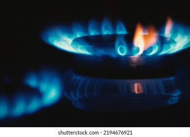 Gas Flame, Stove Top Cooker Blue Orange Fire In The Dark, Copy Space