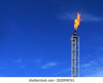 Gas flare is releasing and burning to the atmosphere at an offshore gas platform with sky. Fire on a stack of flare at oil and gas central processing platform. A gas flare at an oil refinery.	