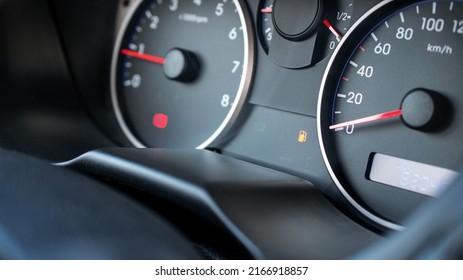 Gas Gauge Fuel Empty. Petrol Tank Meter Car Indicator On Dashboard. Low Gasoline Level. Fuel Gauge Gas